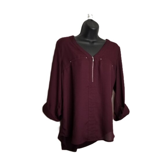 Fortune and Ivy Blouse M Wine Burgundy Zip Front 3/4 Sleeves Stretch - Picture 1 of 9